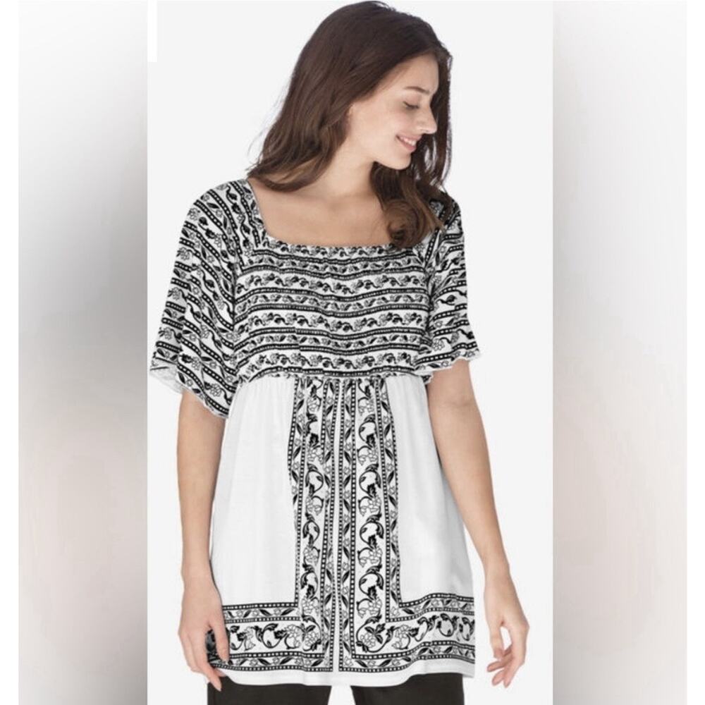 Woman Within Smocked Tunic Top Black White Border Print Boho Plus Size M 14/16